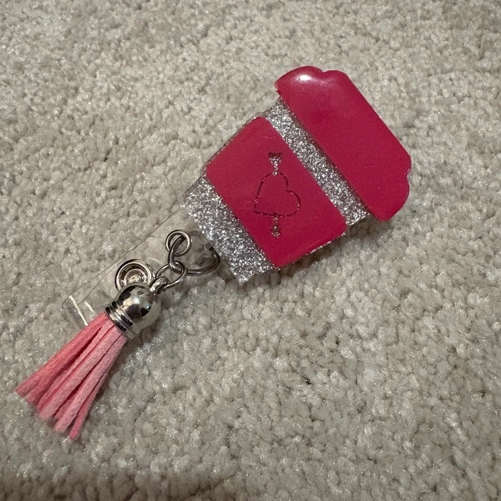 Pink and Silver Glitter Keychain Badge Holder with Tassel